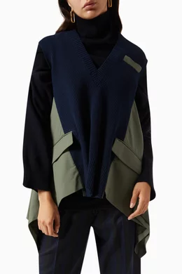 Buy Sacai Blue Knit x Suiting Pullover in Wool For Women Online