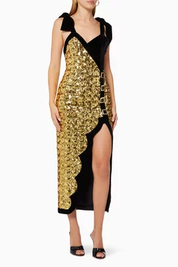green emerald velvet dress Halter Neck Pleated Chiffon Asymmetrical Maxi Dress with Gold Embroide – RAISA  VANESSA INT main image 0