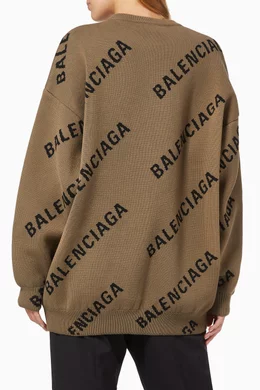 Buy Balenciaga Brown Allover Logo Crewneck in Jacquard Cotton Wool