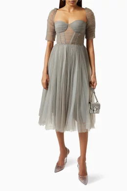 slim fit dress slacks 11135S Silver-grey soft tulle and lace. Long sleeve midi dress. – Bridal &  Ball New Zealand main image 0