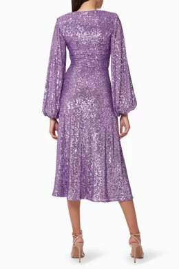 strapless open back dress Rotate Birger Christensen Sirin Sequined Long Sleeve Midi Dress Purple   Celebrity Owned