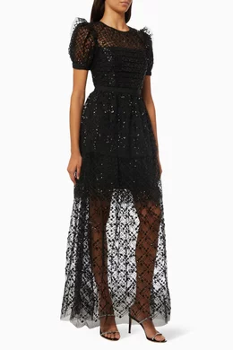 Buy Self-Portrait Black Grid Sequin Tiered Maxi Dress in