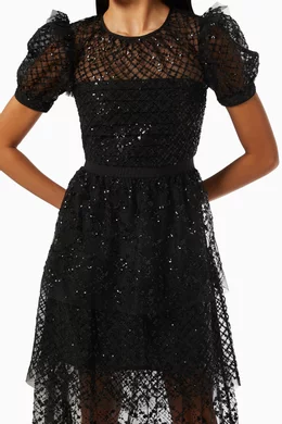 Buy Self-Portrait Black Grid Sequin Tiered Maxi Dress in