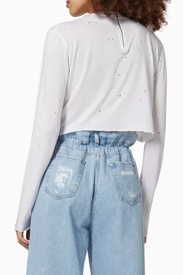 ★MiuMiu★ Embroidered Crop Cotton T-Shirt White Crystal MJN □MiuMiu□ Embroidered Crop Cotton T-Shirt White Crystal MJN