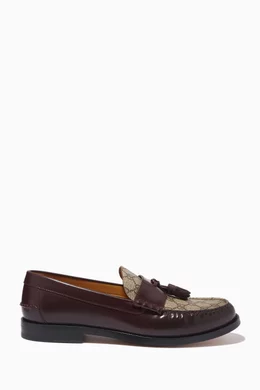 Buy Gucci Brown Tassel Loafers in Leather GG Supreme Canvas For