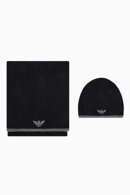 Buy Emporio Armani Black Eagle Logo Scarf Hat Set in Rib Knit