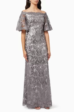 Buy Tadashi Shoji Silver Ashia Off-Shoulder Gown For Women Online