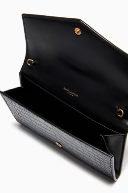Buy SAINT LAURENT Black Uptown Chain Wallet in Croc-embossed