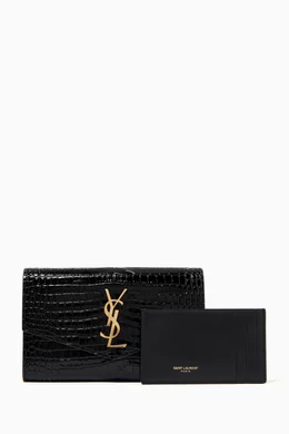 Buy SAINT LAURENT Black Uptown Chain Wallet in Croc-embossed - Main Image