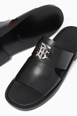 Buy Burberry Black Monogram Motif Slide Sandals in Leather For Men