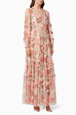 Buy Needle Thread Pink Summer Song Diamond Ruffle Gown in Tulle