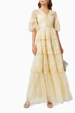 knee length dresses for ladies Midsummer Lace Bodice Off-Shoulder Ankle Gown  Cream