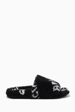 Buy Balenciaga Black Logo Furry Slide Sandals in Faux Shearling
