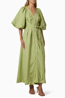 Buy Aje Green Evermore Midi Dress in Linen For Women Online | Ounass Saudi