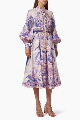 Buy Zimmermann Purple Lyre Billow Sleeve Midi Dress in Linen For Women  Online | Ounass Saudi
