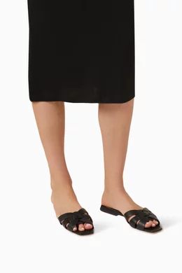 Buy SAINT LAURENT Black Tribute Flat Sandals in Smooth Leather For