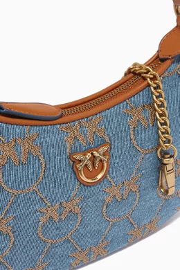 Buy PINKO Blue Love Mini Half Moon Bag in Jacquard Denim For Women
