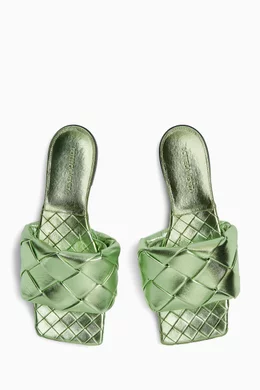 Buy Bottega Veneta Green Lido Flat Sandals in Metallic Intrecciato