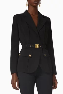 Buy Elisabetta Franchi Black Belted Blazer in Crepe For