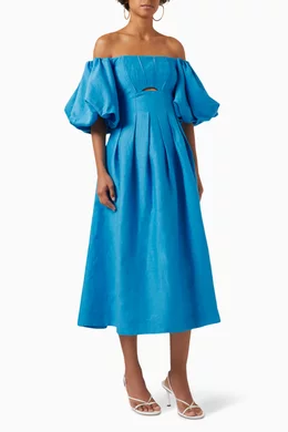 knee length dresses for ladies RENT Aje Eugenie off-the-shoulder linen-blend midi dress (RRP £405) main image 1