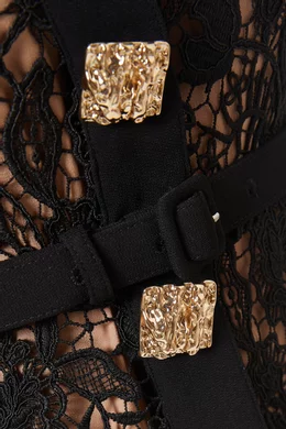 Buy Self-Portrait Black Collared Midi Dress in Magnolia Lace For