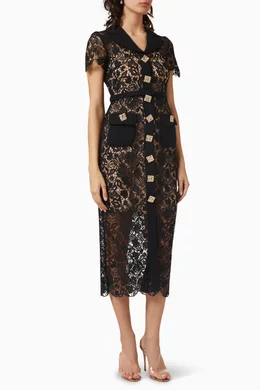 Buy Self-Portrait Black Collared Midi Dress in Magnolia Lace For