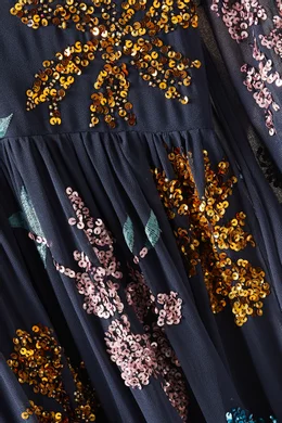 maya embroidered maxi dress Maya Navy Floral Embroidered Maxi Sleeve Maxi Dress with Frill & Sequi –  Maya Deluxe main image 1