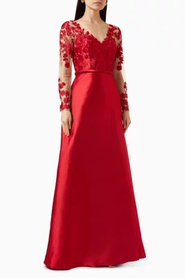 open lace back dress Red Sequin Prom Dress Long Sleeve High Slit Feather Pageant Dress 6712 –  Viniodress main image 1