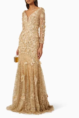 Buy Jovani Gold Floral-embroidered Maxi Dress in Tulle For Women Online |  Ounass Saudi