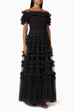 Buy Needle Thread Black Lisette Ruffle Off-shoulder Gown in