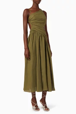 Laurel Asymmetric Midi Dress in Linen