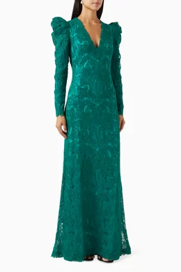 Buy Tadashi Shoji Green Sloane Gigot Gown in Cord-embroidered