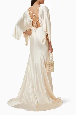 Buy Shona Joy Neutral La Lune Flutter Sleeve Maxi Dress in Satin