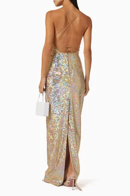 princess polly baby blue dress R &M RICHARDS Champagne Beige Sequin Front Slit Overlay Shawl Maxi Dress  Size 24 main image 0