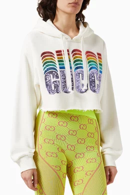 Buy Gucci White Sequin embellished Logo Crop Sweatshirt in Cotton jersey For Women Online Ounass Saudi