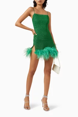 oseree green feather dress Shiny Stripes Plumage Dress