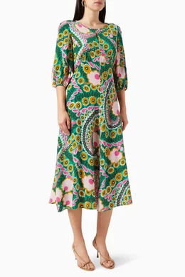 Buy Weekend Max Mara Green Jupiter Printed Midi Dress in Silk For