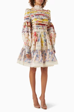 knee length dresses for ladies Zimmermann Wonderland Silk Linen Mini Dress - Passion