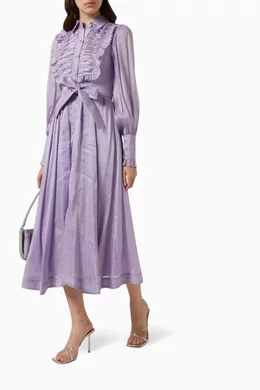 Buy Aje Purple Iris Pleated Bib Midi Dress in Silk-linen Gauze For Women  Online | Ounass Saudi
