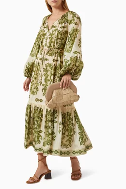knee length dresses for ladies Zimmerman Sunray Long Sleeve Midi Dress Black Paisley  blueandcream