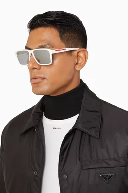 Buy Prada White Linea Rossa Rectangular Sunglasses in Rubber For