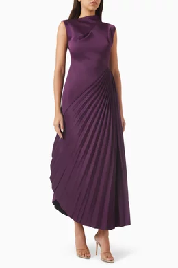 asymmetrical pleated dress purple Long, asymmetrical, pleated lilac dress