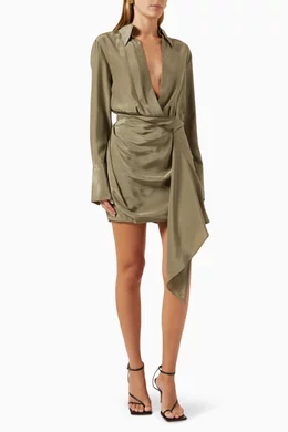 gauge81 green dress GAUGE81 - Gravia Draped Wrap-effect Silk Crepe de Chine Mini Shirt Dress - Green - EU 34