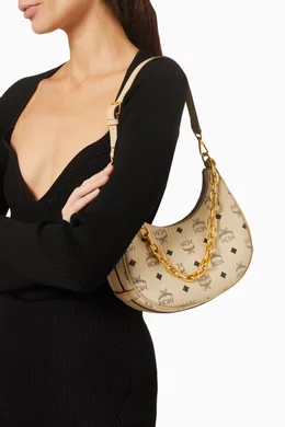 Buy MCM Neutral Aren Visetos Crescent Hobo Shoulder Bag in