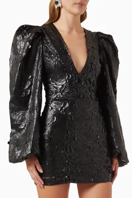 Buy Rotate Birger Christensen Black Valenia Puff-sleeve Mini Dress in  Floral-embossed Coated Fabric For Women Online | Ounass Saudi