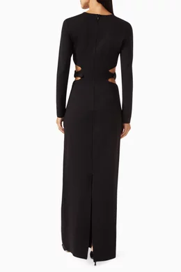 staud black cut out dress STAUD Prismatic asymmetric cutout ribbed-knit maxi dress