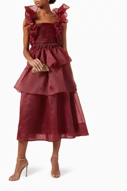 Buy Aje Burgundy Asra Pleated Frill Midi Dress in Organza For Women Online  | Ounass Saudi