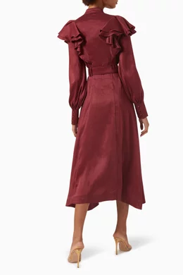 Buy Aje Burgundy Isabella Belted Midi Dress in Linen For Women Online |  Ounass Saudi