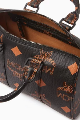 Buy MCM Black Small Aren Boston Bag in Maxi Visetos Canvas For