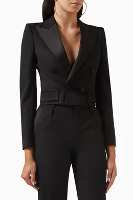 Buy SAINT LAURENT Black Cropped Tuxedo Jacket in Grain de Poudre